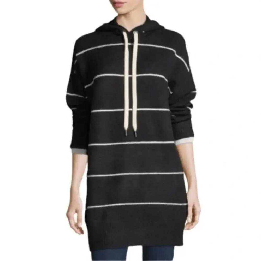 Alice + Olivia Riva Hooded Tunic Sweater Womens Black White Striped Small